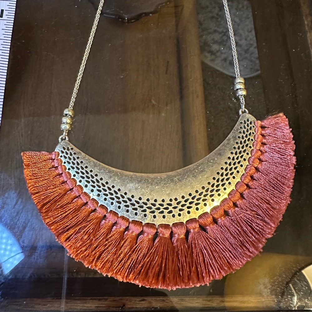 Lucky Brand Gold Metal and rust fringe Statement Necklace
